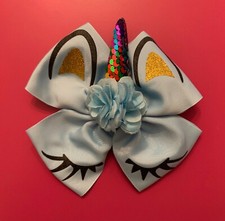 Light Blue Unicorn Bow 6 inches sequin horn glitter flower girl