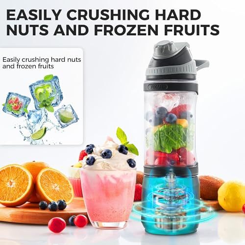 Portable Blender, Anti-Jamming 300 Watt for Shakes and Black Base Grey Lid - Picture 4 of 7