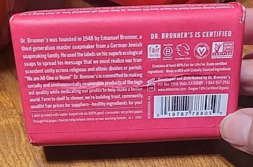 Dr. Bronner's All-One HEMP ROSE Pure Castile Bar Soap 5 oz..BRAND NEW - Picture 3 of 3