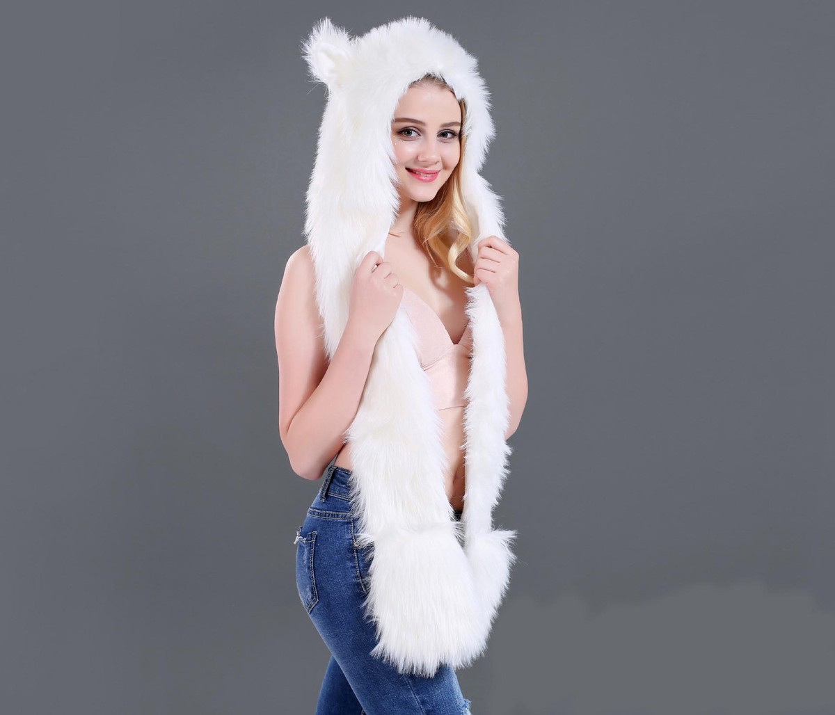 White Plush Hooded Scarf Hat With Animal Ears – Faux Fur Winter Wrap Luxalzxs Cute Plush Faux Fur Animal Hat Cap with Ear Flaps  main image 2