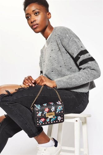 TOPSHOP Rosie Floral Embroidered Studded Crossbody Bag Black - Picture 2 of 7