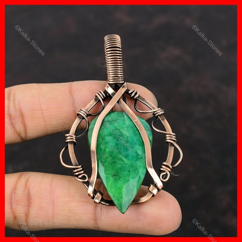 Womens day Deal Copper Natural Faceted Zambian Emerald Wire Wrapped Wife Pendant - Picture 3 of 6