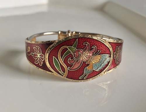 🦋 Brazalete Cloisonne Vintage Tono Dorado Rojo Esmalte Floral Flores Mariposa