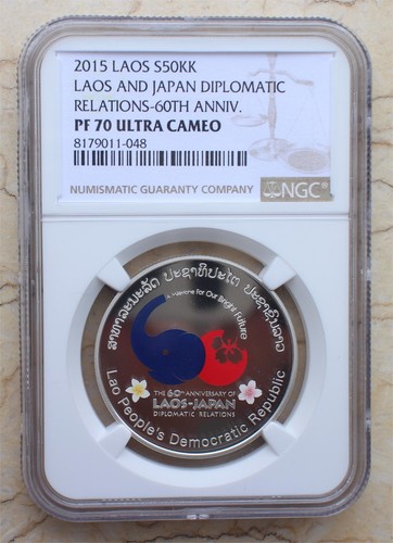 A Pair NGC PF70 Japan Silver Coins - Japan, Laos, Myanmar Diplomatic Relations - Picture 3 of 9