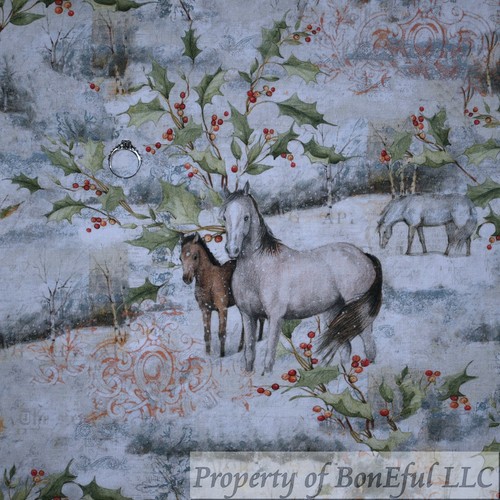 BonEful Fabric FQ Cotton Quilt White Snow Scenic Farm Horse Red Holly Berry Leaf - Picture 9 of 15