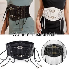 Women Medieval Punk PU Leather Wide Corset Belt Lace-Up Underbust Waist Bustiers
