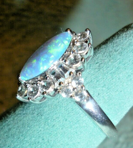 .925 Sterling Silver Marquise Fire Opal White Sapphire Cocktail Ring size 5 1/4 - Picture 2 of 22