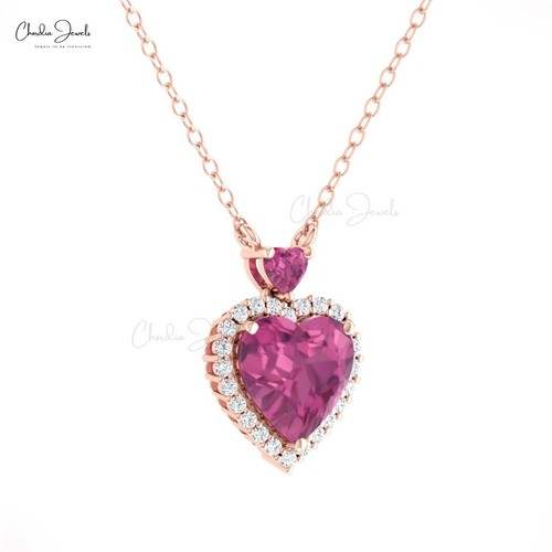 Wedding Diamond Necklace 8mm Heart Shape Pink Tourmaline With 14k Gold Pendant - Picture 19 of 25