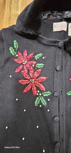 Ugly Christmas Sweater Basic Editions Holiday Sz Large Beaded Sequins Poinsetta - Picture 7 of 8
