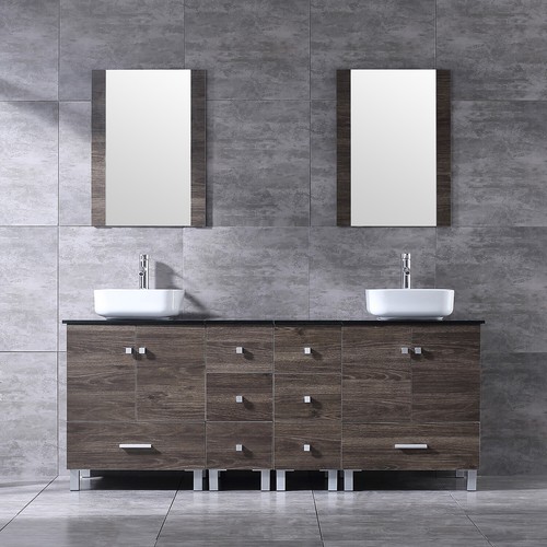 72" Bathroom Vanity Double Sink Cabinet Ceramic Sink Combo w/Mirror Freestanding - Picture 27 of 40