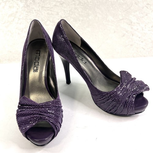 MODA SPANA Shoes Heels Pumps Womens 7.5 Purple Snakeskin Open Toe Wedding Event - Picture 1 of 12