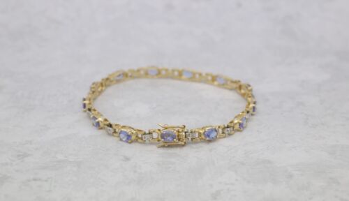Vintage 14k Yellow & White Gold Tanzanite & Diamond Tennis Bracelet, 7" - 8.8g - Picture 2 of 6