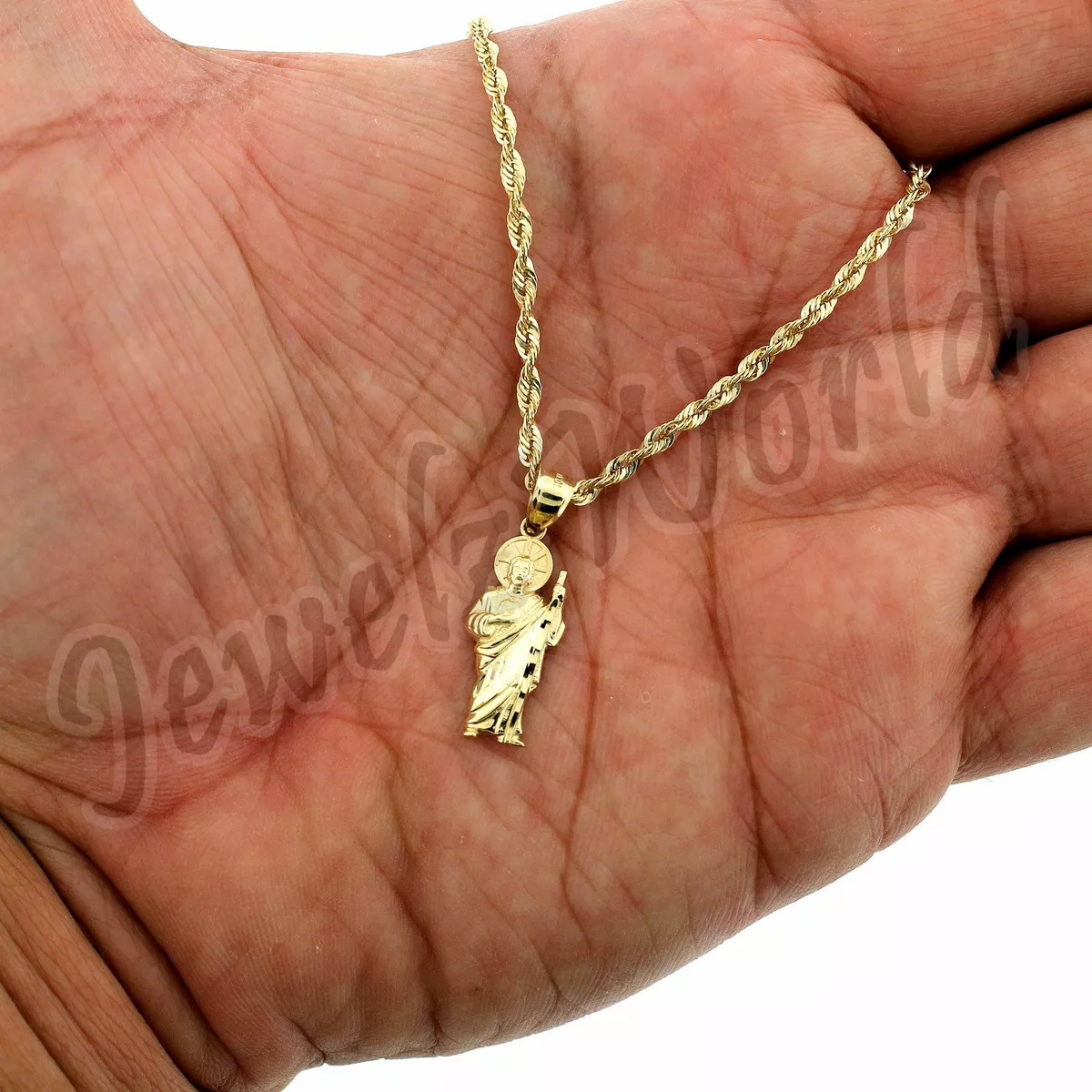 Real 10K Yellow Gold Saint Jude San Judas Pendant With 2mm Rope Chain Necklace