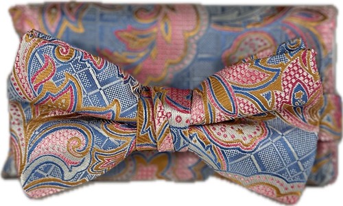 Stacy Adams Men's Bow Tie Hanky Cobalt Blue Coral Mustard Silver Handmade 2.5 - Picture 2 of 6