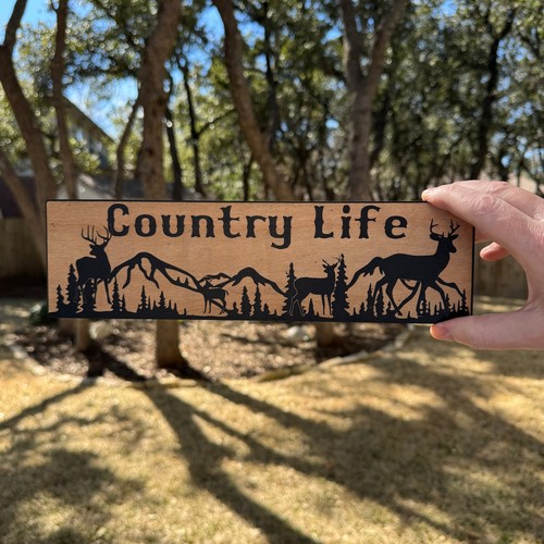 Country Life Deer Mountain Scene - BLACK Sign 4x12 - Picture 5 of 10