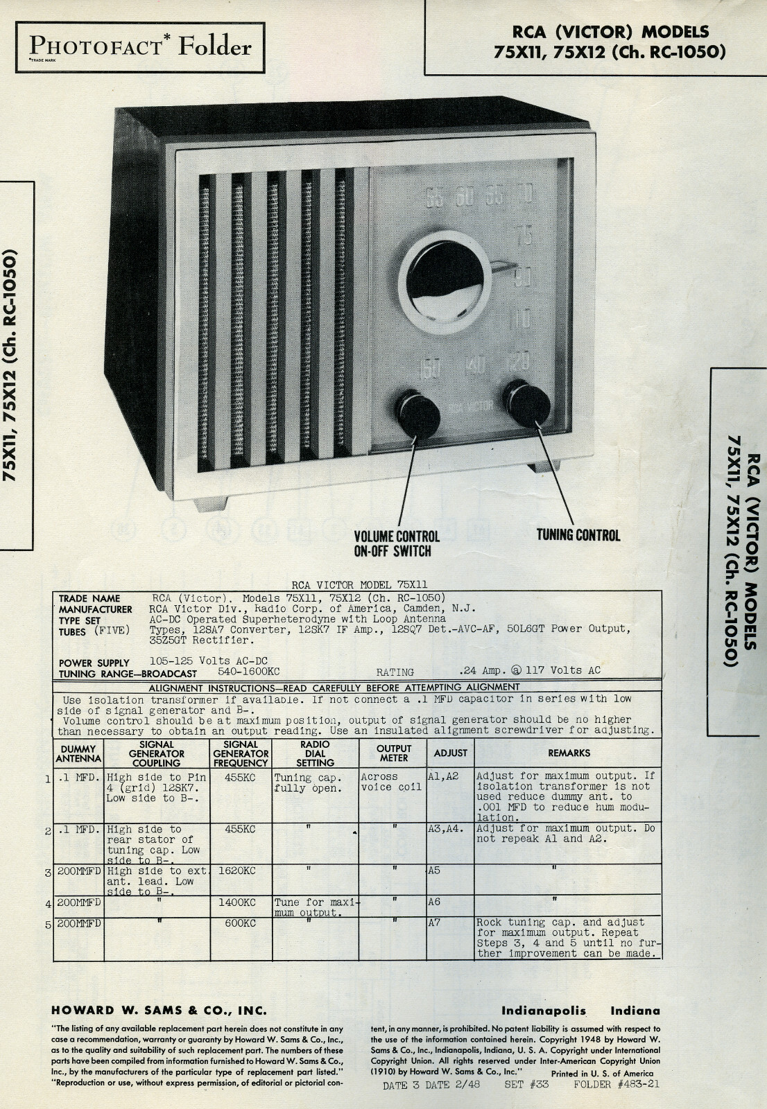 VTG Sam's Photofact/Schematic Folder RCA Model #s 75X11 & 75X12 Ch RC-1050 SFF57