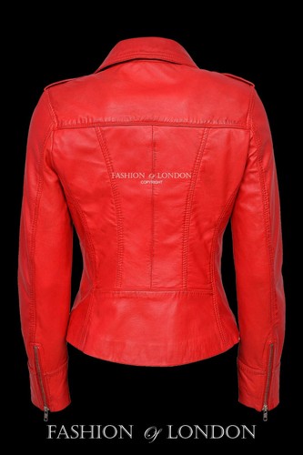 LEONA Ladies Real Leather Jacket Red Washed Biker Designer Casual Jacket 9823 - Foto 4 di 5