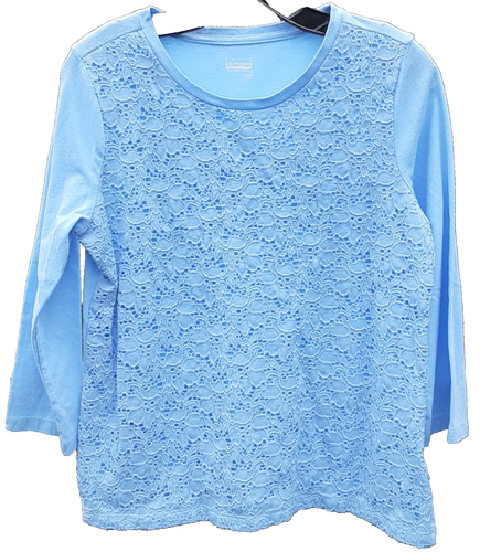 Basic Editions Top Shirt Women Size M Floral Lace Round Neck 3/4 Sleeves Blue - Picture 1 of 10