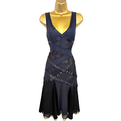 Karen Millen 12 UK Vintage schwarz Satin Spitze Cocktail ausgestelltes Kleid Anlass Party