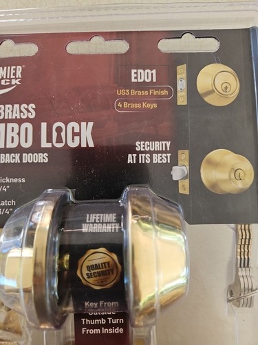 Premier Lock Door Knob Single Cylinder Keyed Door & Deadbolt Combo in Brass New - Picture 3 of 4