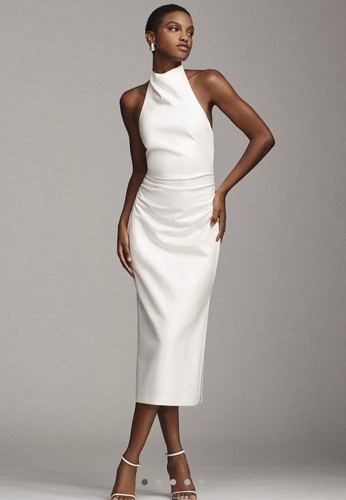 BHLDN Holly Faux Leather Halter Midi Dress In Ivory Sz Small NWT $160