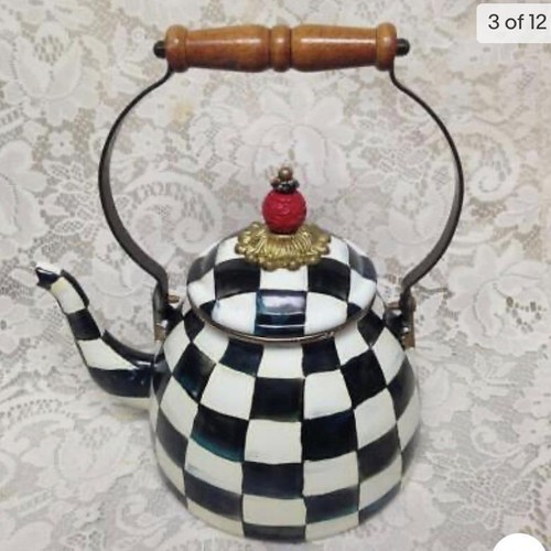 MacKenzie Childs Courtley Check Enamelware 2 Qts Tea Kettle w/ 4 Cups - Picture 3 of 12