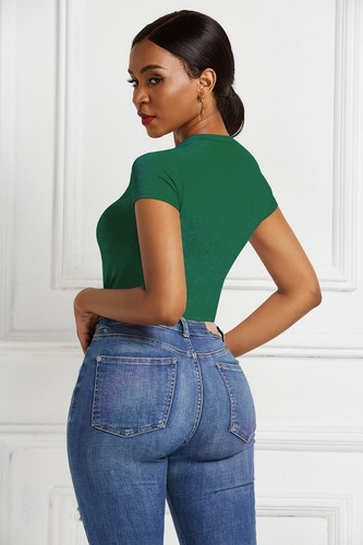 Fashion Women's Sexy Round Neck Short Sleeve Bodysuit Jumpsuit Tops Solid Color - Bild 12 von 41