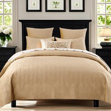 Luxury Velvet Quilt Set King Size - Beige Quilt, Quilted Geometric Comforter,...