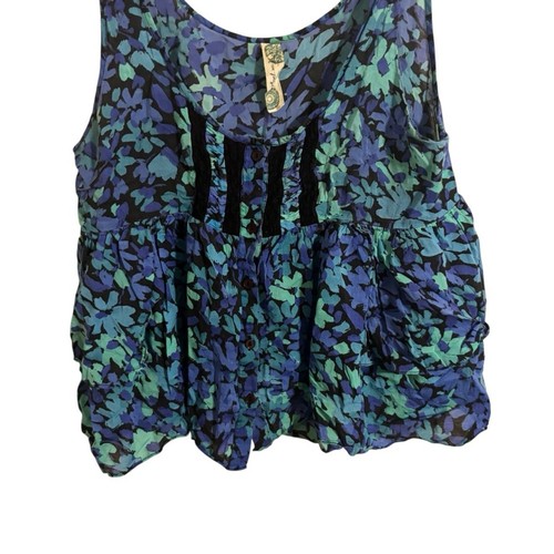 Free People Y2K Blue Floral Babydoll Cropped Button Up Top Medium - Picture 2 of 6