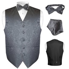 Men's Dress VEST Bow Tie CHARCOAL GRAY Grey PAISLEY Design Tux BowTie Hankie Set