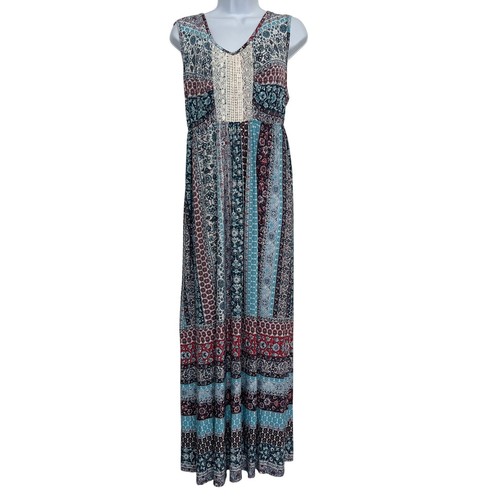 Style & Co Patchwork Crocheted Maxi Dress Women Size L Boho Stretch Comfort Blue - Picture 2 of 9