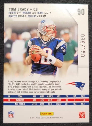 TOM BRADY 2011 PANINI ROOKIES & STARS 90 LONGEVITY RUBY /150 PATRIOTS SB CHAMP! - Picture 2 of 2