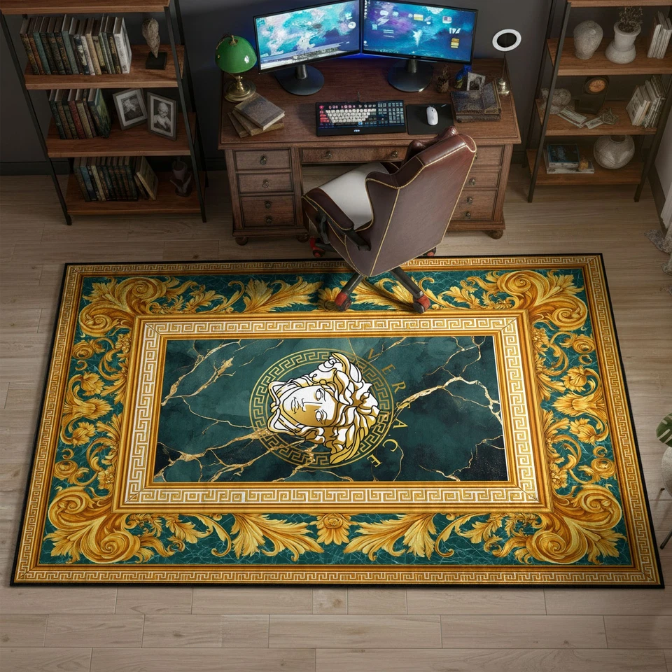 绿色范思哲地毯,金色希腊钥匙地毯,装饰美杜莎风格垫子装饰 — 第 2/4 张图片