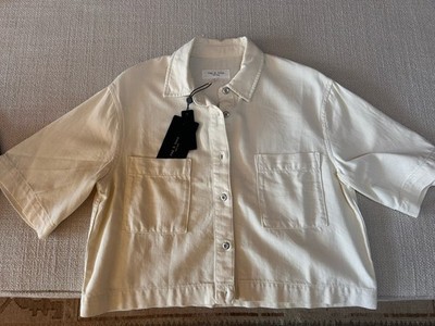 rag & bone Ivory Cotton Short Sleeve Button-Up Shirt with Patch Pockets