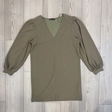ZARA Olive Green Long Sleeve V-Neck Mini Dress Size Medium Puff Sleeve