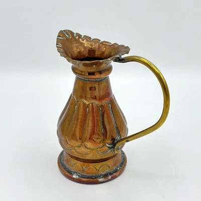 Rustic Vintage Copper & Brass Handle Pitcher Jug Vase Hand-Hammered Art Nouveau - Image 1 of 4