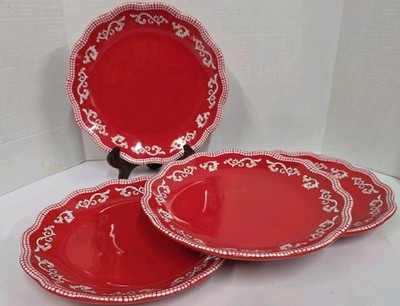 Temptations By Tara Doodle Doo Dinner Plates 10.5 Inch Set Of 4 Red And White 