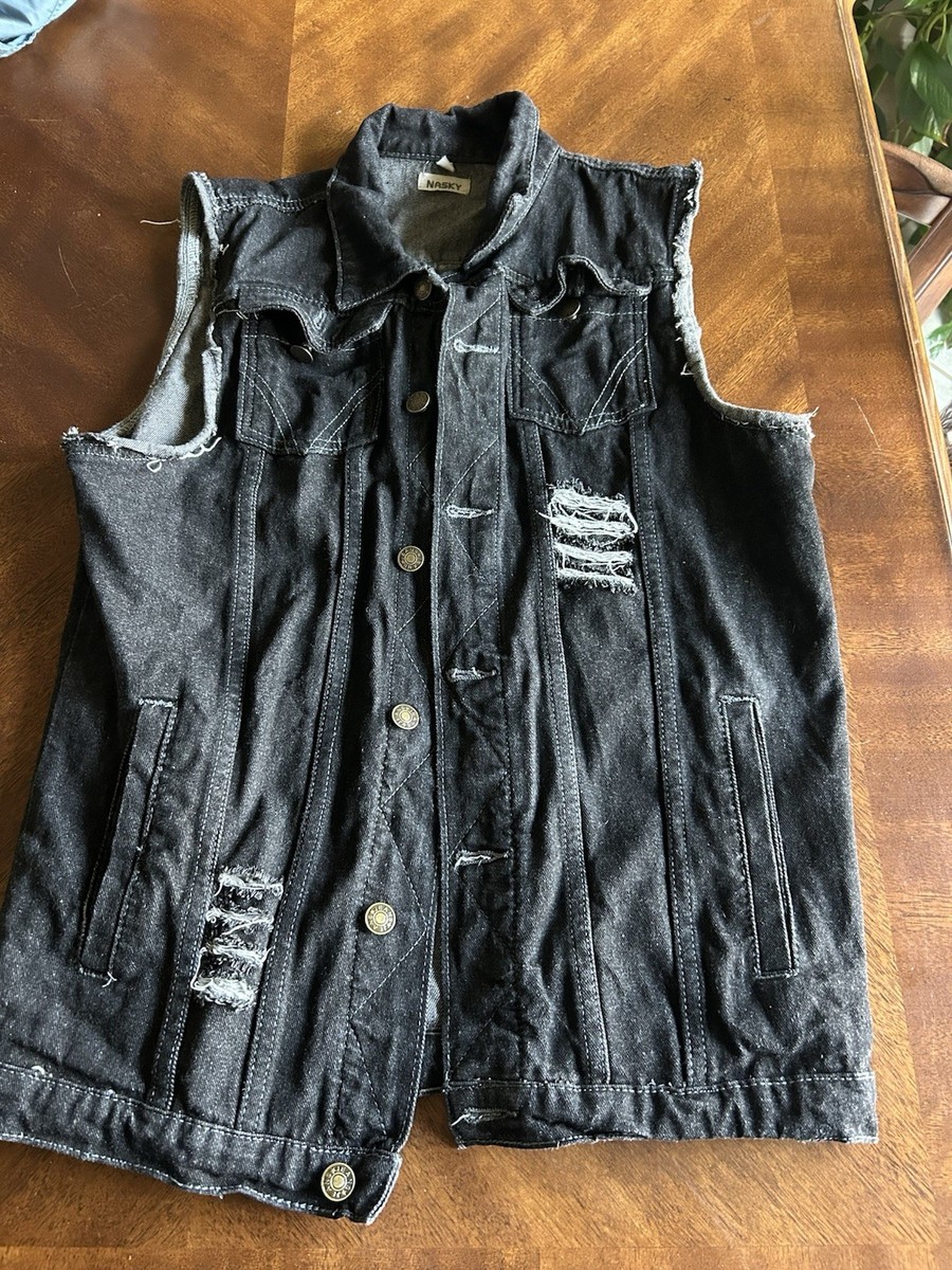 Nasky Black Denim Vest Mens Small Punk Y2K Biker Jacket Base