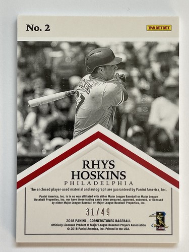 Rhys Hoskins 2018 Panini Cornerstones Quad Patch Auto /49 - Picture 2 of 2