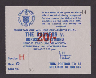 SCOTTISH FOOTBALL TICKET GLASGOW RANGERS V BORUSSIA DORTMUND ECWC 1966