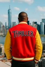 MJ Thriller Varsity Jacket Red Yellow  Leather Sleeve  Michael Jackson Style