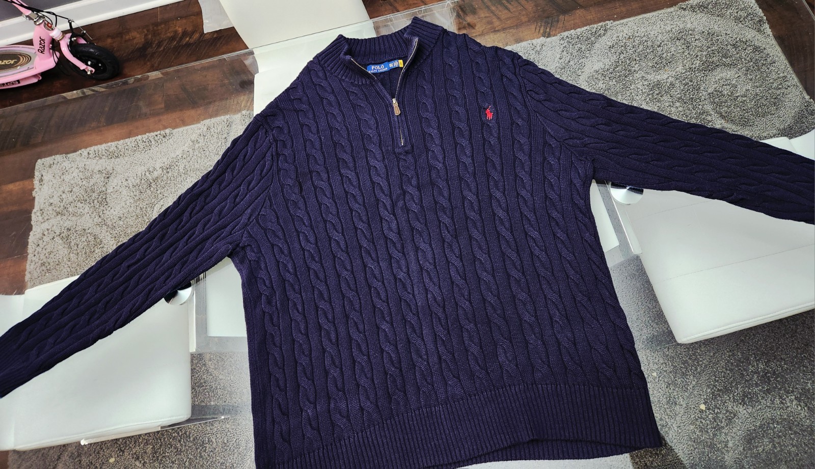 NWOT Men's Ralph Lauren Cable Knit Quarter Zip Sweater Navy Blue W/red Pony 3xlt thumbnail 2