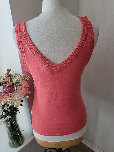 Y2k Babydoll Crochet Tank Top Medium Coral Pink Crochet Beaded SOFT Excellent - Picture 6 of 13