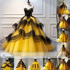 Yellow Tulle/Black Applique Ball Gown Strapless Full Length Lace Up Back Evening