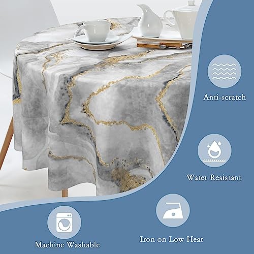 Marble Round Tablecloth 60" Diameter for Indoor and Outdoor,White Golden - Picture 5 of 8