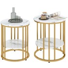 HOMCOM Marble-Effect Round Coffee Table Set of 2 for Living Room, Gold Tone