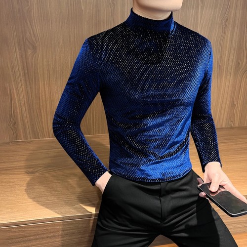 Hombres Camisas de terciopelo Prendas para el torso Blusa Camisas Cuello Tortuga Brillante Brillo Delgado Informal - Imagen 4 de 10