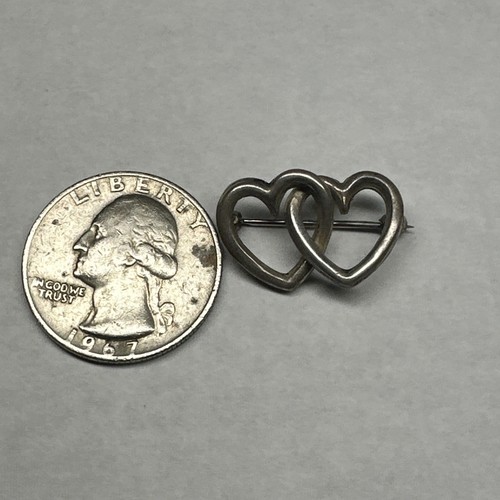 Antique Victorian Sweetheart Double Heart Sterling Silver Brooch Pin - Picture 4 of 4