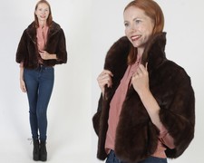 Vintage Real Mahogany Mink Fur Collar Bolero 60s Dark Brown Shawl Stole Cape