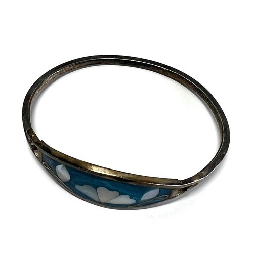 Alpaca Mexico Turquoise Silver Tone Abalone Shell Inlay Flower Hinged Bracelet - Picture 2 of 5